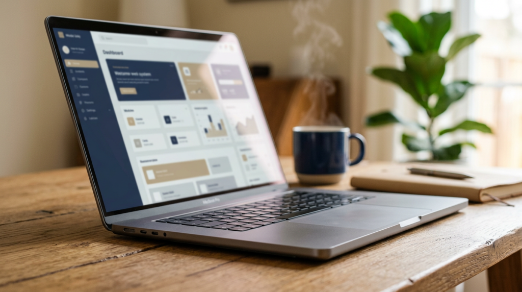 A modern laptop photographed from a side angle with the screen slightly turned away